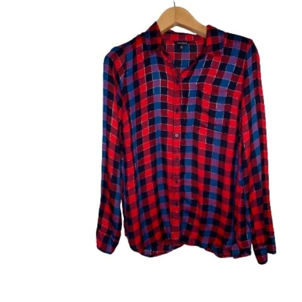 Lucky Brand Shirt Womens Medium Red Button Up Buffalo Plaid Tulip Hem Pocket